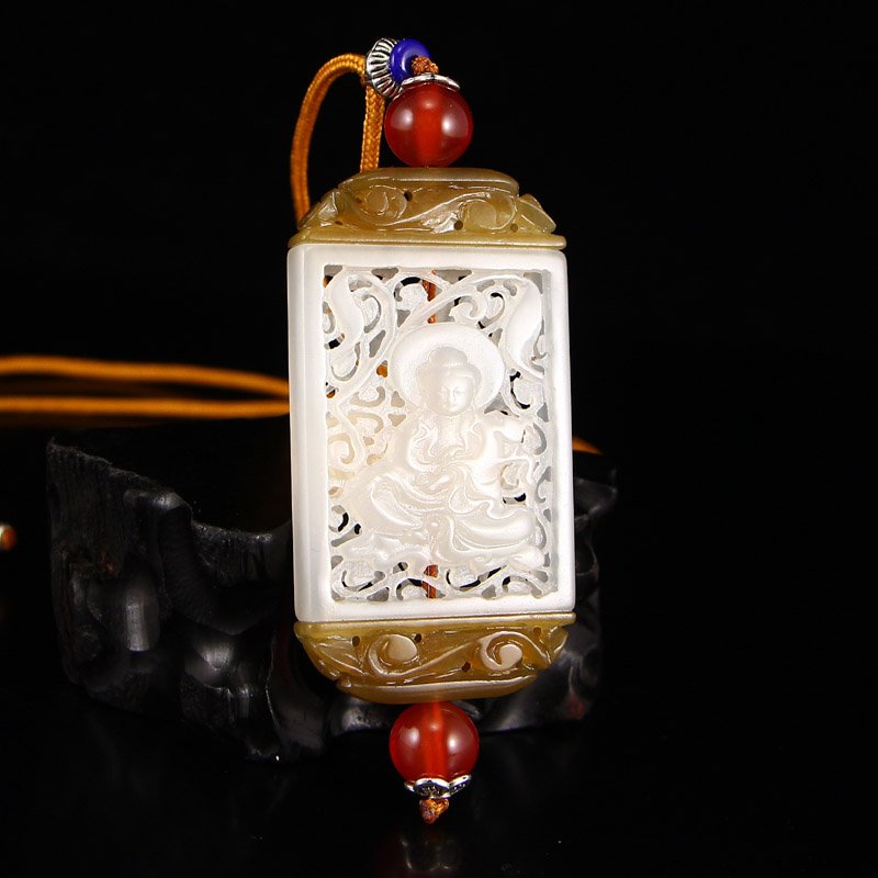 Openwork Chinese Hetian Jade Kwan-yin Sachet Pendant (1 of 9)