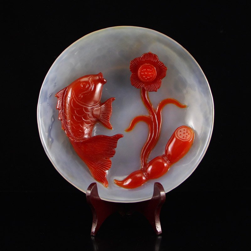 Chinese Natural Agate Plate - Lotus & Fish (1 of 8)