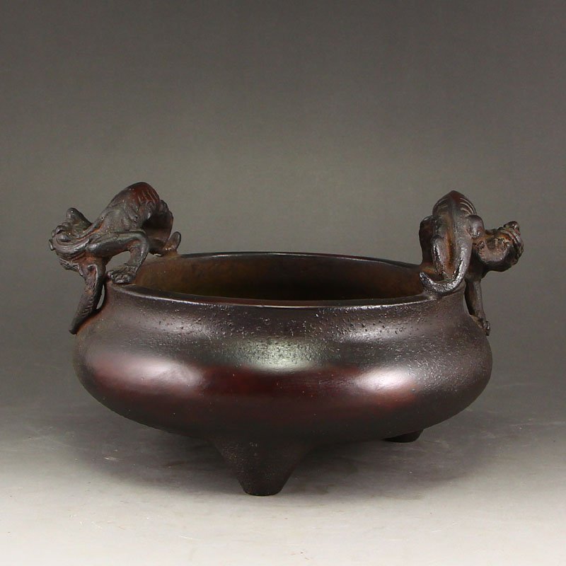Chinese Ming Dy Red Copper Chi Dragons Incense Burner: 中國大明宣德年制 紫銅 螭龍雙耳 三足香爐 Chinese Ming Dynasty Red Copper Chi Dragons Incense