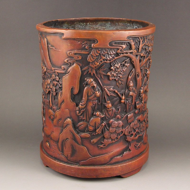 China Qing Dy Red Copper Low - Relief Figures Brush Pot (1 of 9)