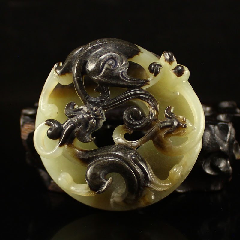 Openwork Vintage China Hetian Jade Chi Dragons Statue (1 of 7)