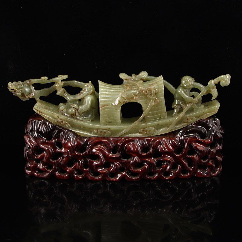 Vintage Openwork Chinese Hetian Jade Boat Statue (1 of 9)