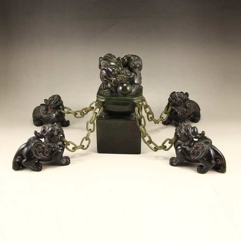 A Set Vintage Chinese Natural Green Jade Unicorn Seal (1 of 10)