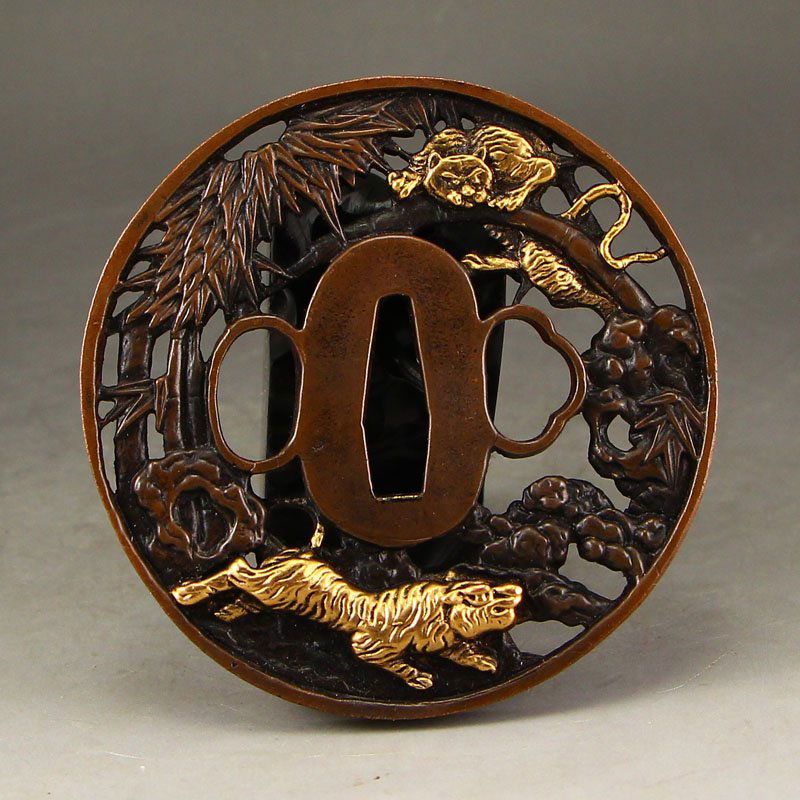 Vintage Japanese Gilt Gold Red Copper Sword Tsuba (1 of 6)