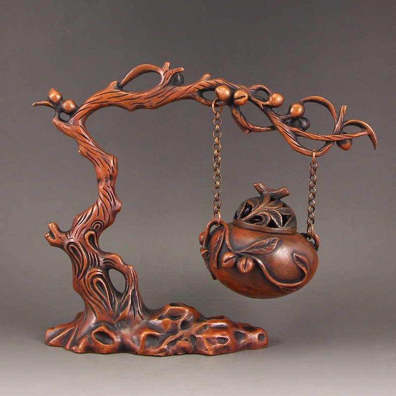 Vintage Chinese Red Copper Incense Burner w Peaches: Vintage Chinese Red Copper Incense Burner w Peaches Dimension: 130x175x55(mm)5.12x6.89x2.17(inches) Weight 1.76 lbs/797 g