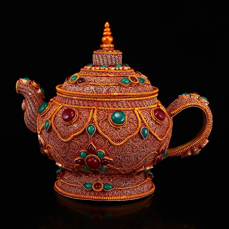 Vintage Tibetan Silver Plate Gold Inlay Gems Teapot (1 of 11)