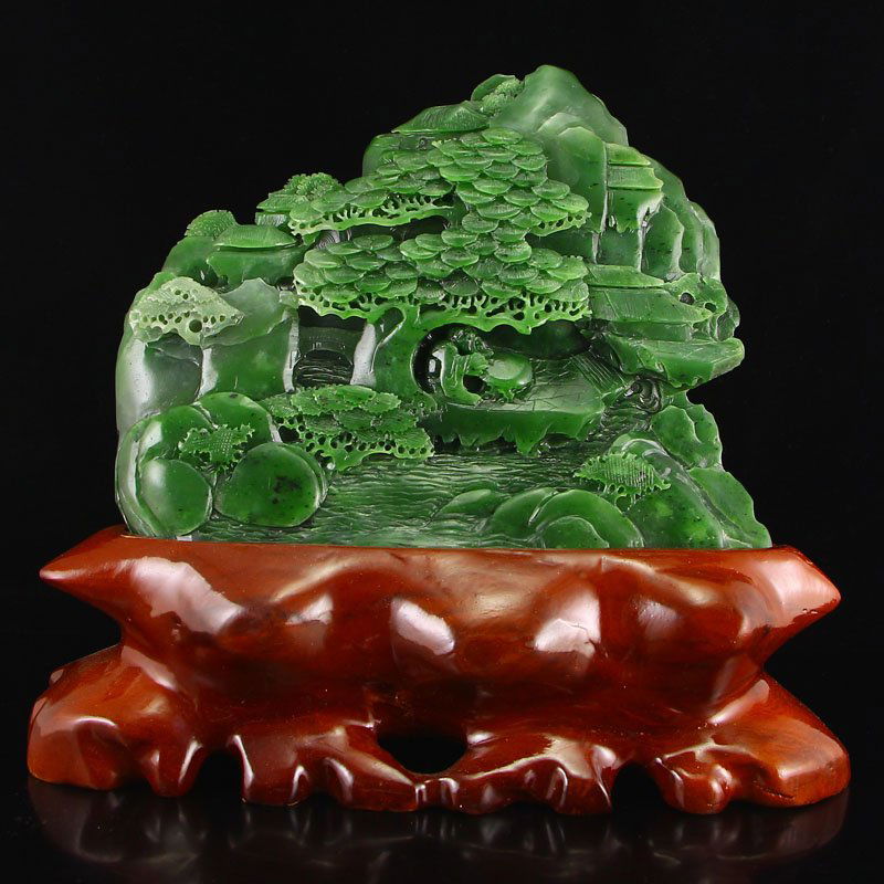 China Natural Green Hetian Jade Man & Pine Tree Statue (1 of 8)