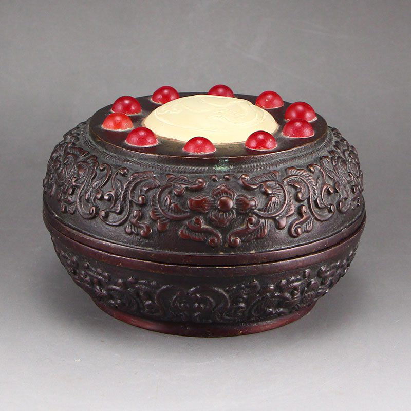 Vintage China Red Copper Inlay Jade & Gems Jewelry Box (1 of 6)