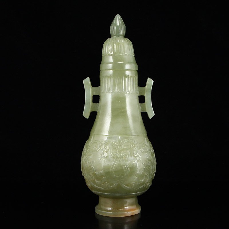 Chinese Natural Hetian Jade Low Relief Double Ears Vase (1 of 8)