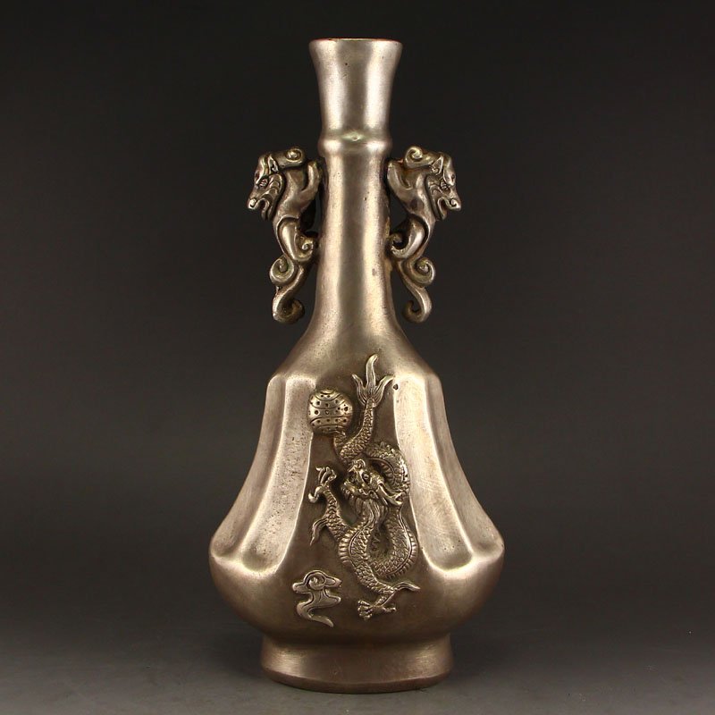 Vintage Chinese White Copper Lucky Dragons Vase (1 of 8)