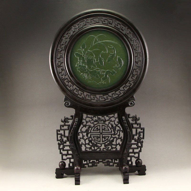 Chinese Zitan Wood Inlay Green Hetian Jade Screen (1 of 7)