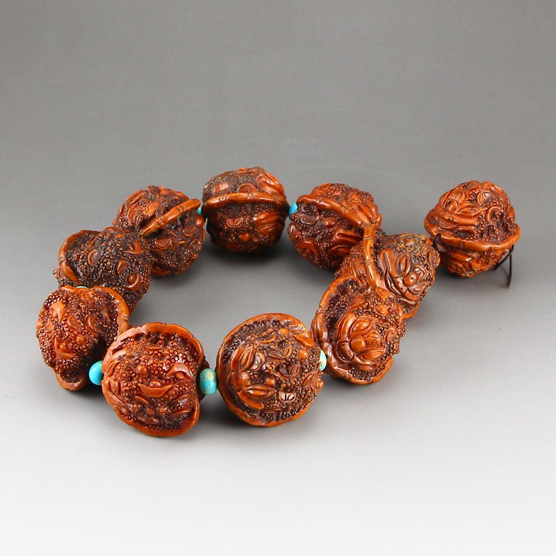 Vintage Chinese Artistic Walnut Fortune Toads Bracelet (1 of 6)
