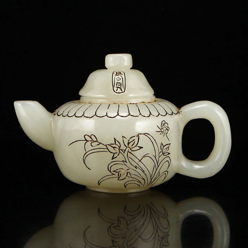 Chinese Hetian Jade Poetic Prose Teapot w Certificate (1 of 7)