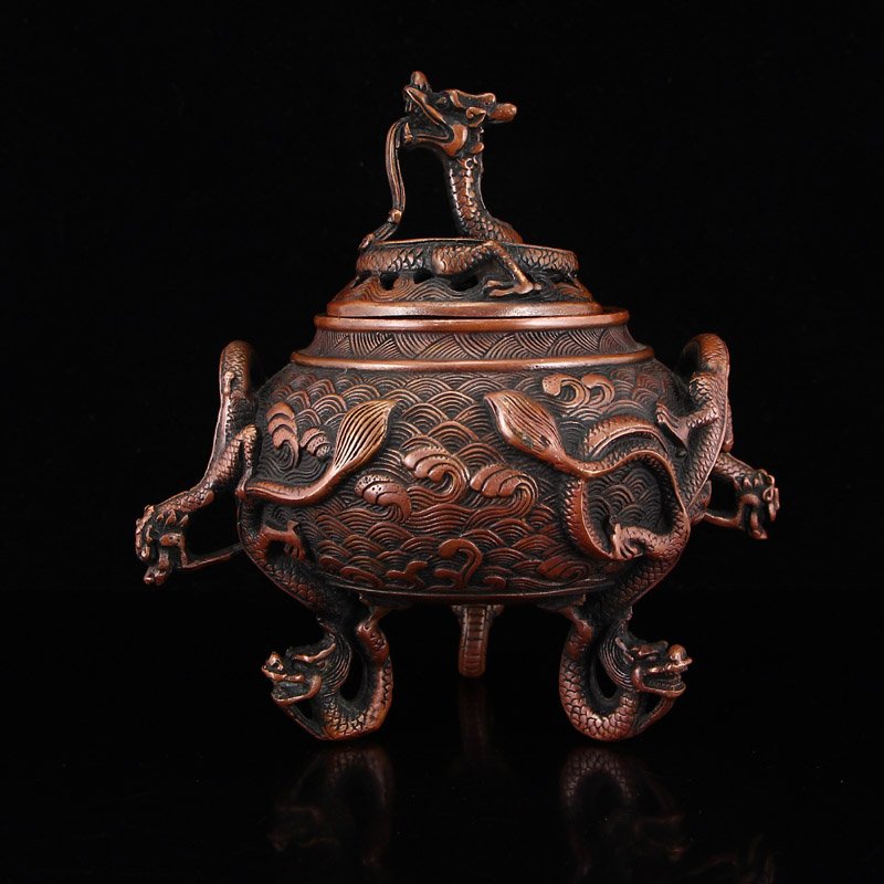 Chinese Red Copper Lucky Dragons Incense Burner (1 of 11)
