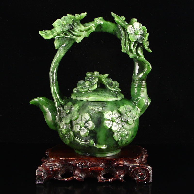 Chinese Natural Green Hetian Jade Teapot - Plum Flower (1 of 14)