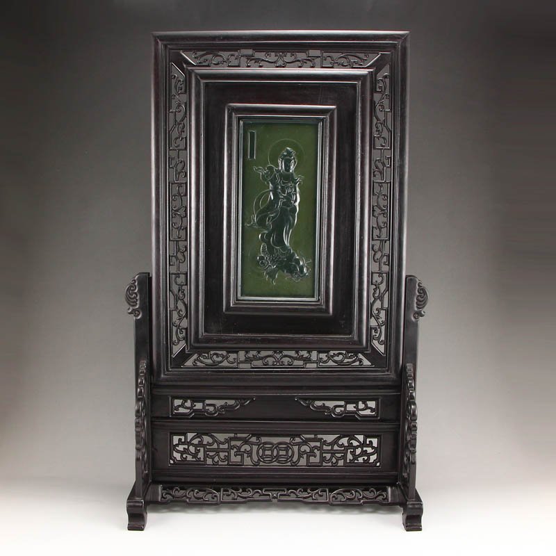 Chinese Zitan Wood Inlay Green Hetian Jade Screen (1 of 10)