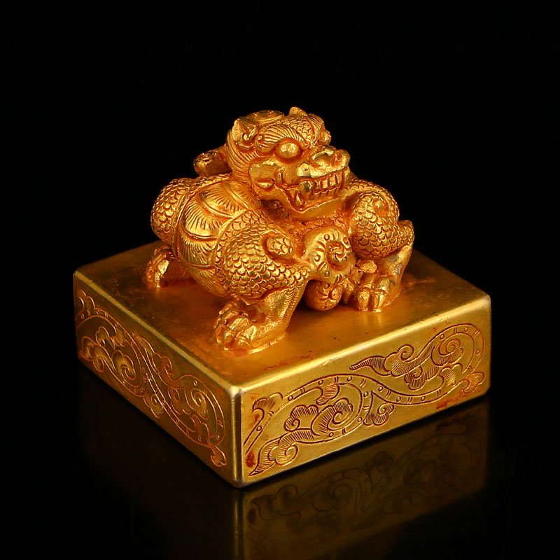 Chinese Liao Dy Gilt Gold Red Copper Kylin Seal (1 of 6)