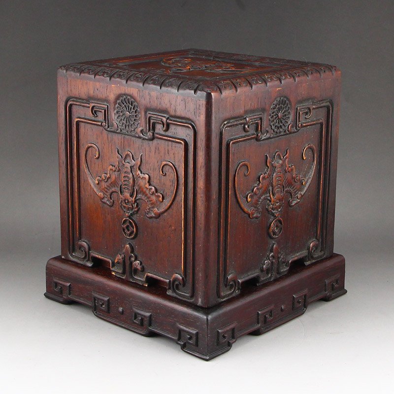 Vintage Chinese Zitan Wood Five Bats Seal Box (1 of 6)