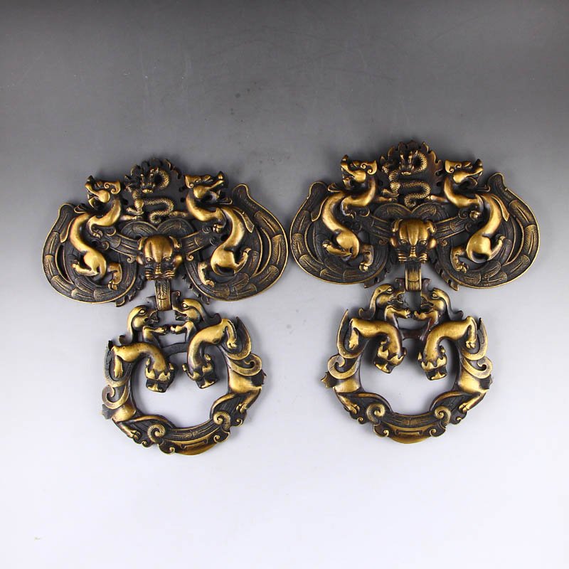 A Pair Vintage Chinese Brass Lucky Beasts Door Knockers (1 of 7)