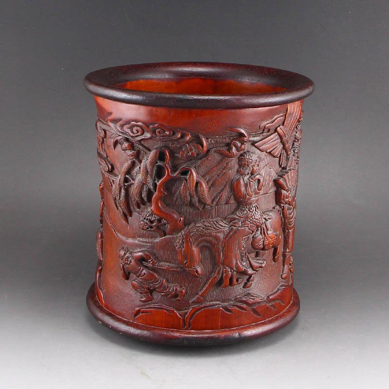 Vintage Chinese Bamboo Carved Figures Brush Pot (1 of 8)