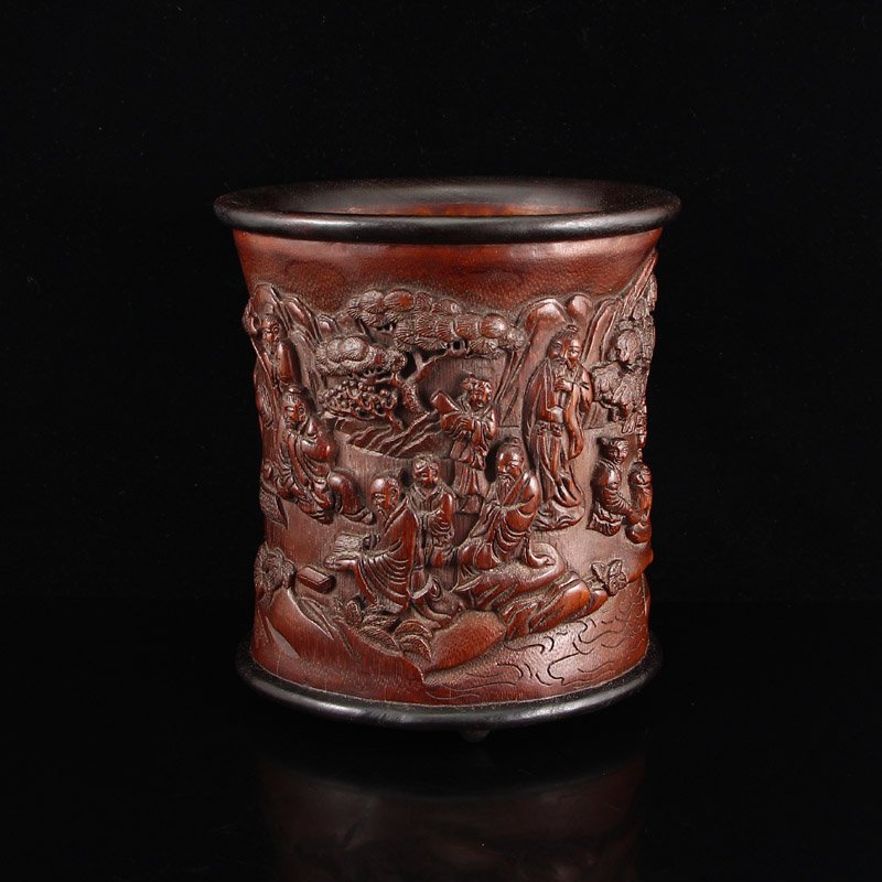 Vintage China Low Relief Bamboo Brush Pot Carved Figure (1 of 10)