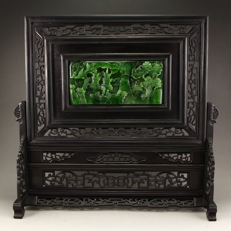 Chinese Zitan Wood Inlay Green Hetian Jade Screen (1 of 12)