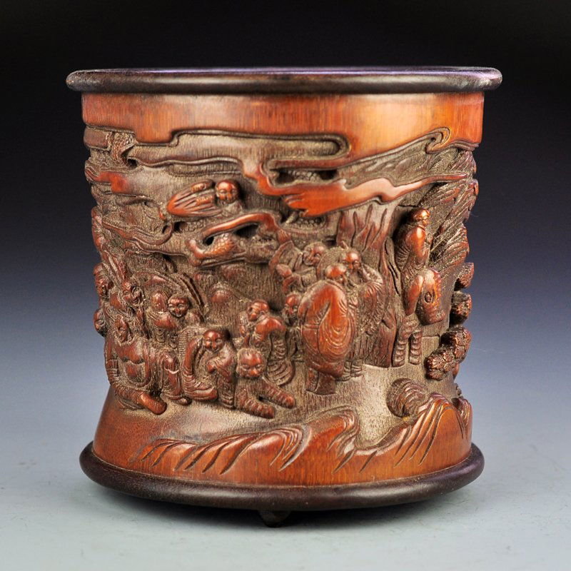 Chinese High Relief Bamboo Brush Pot - Eighteen Arhats (1 of 11)