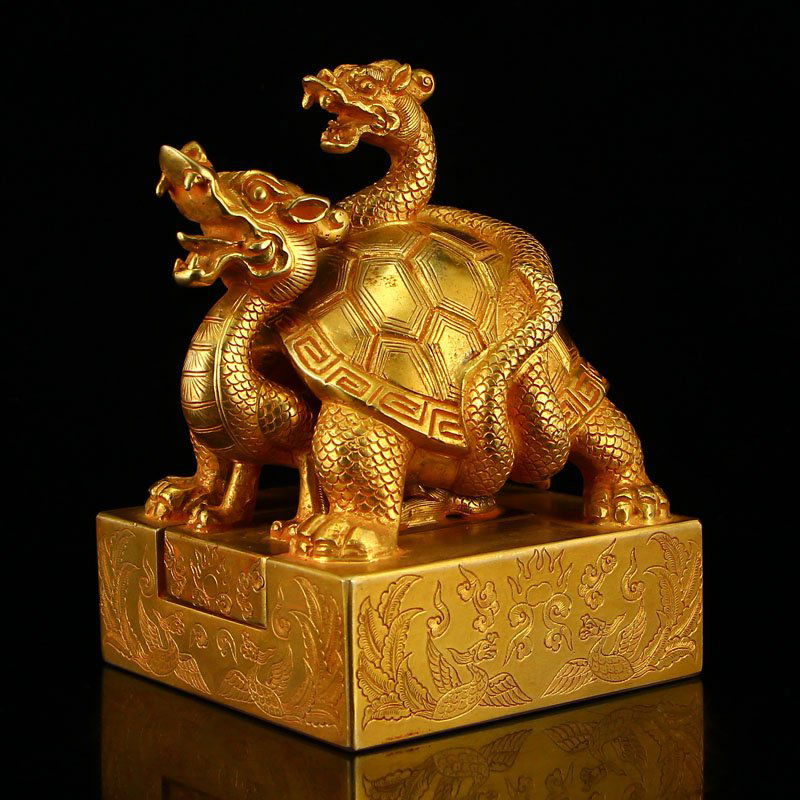 Chinese Liao Dy Gilt Gold Red Copper Dragon Turtle Seal (1 of 7)
