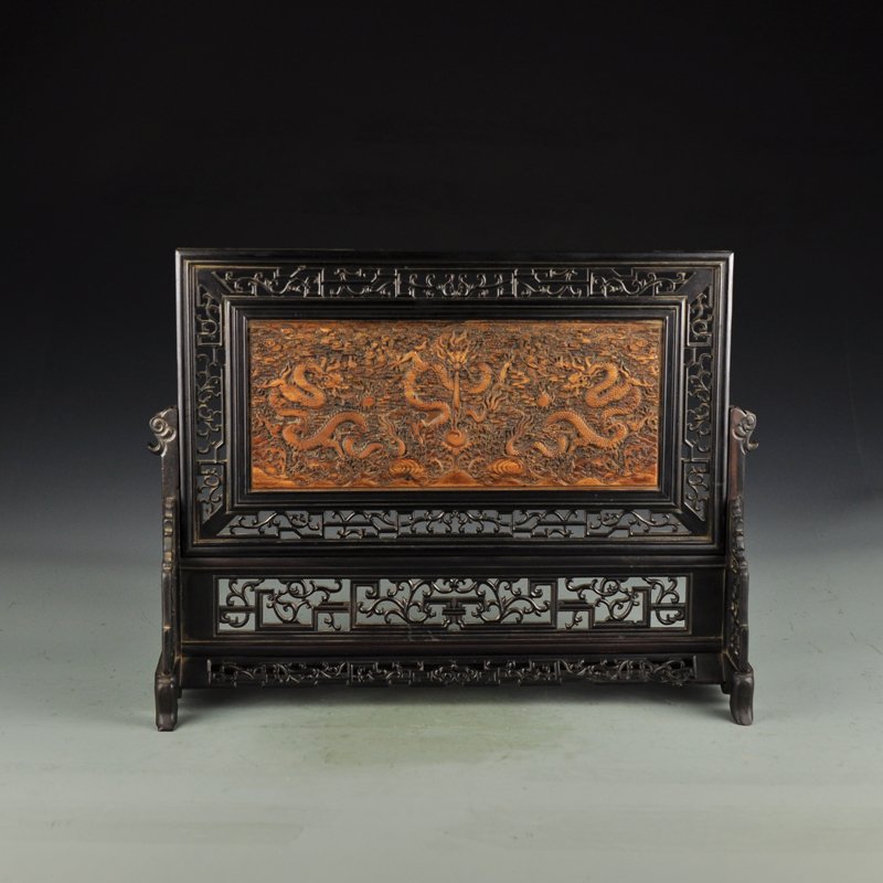 Vintage Chinese Zitan Wood Inlay Boxwood Wood Screen: Vintage Chinese Zitan Wood Inlay Boxwood Wood Lucky Dragons Screen Dimension: 420 x 120 x 330 (mm) 16.54 x 4.72 x 12.99 (inches) Weight 2.93 lbs/1330 g
