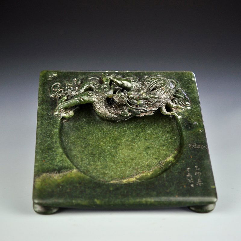 Vintage Chinese Natural Green Jade Inkstone - Dragon (1 of 6)