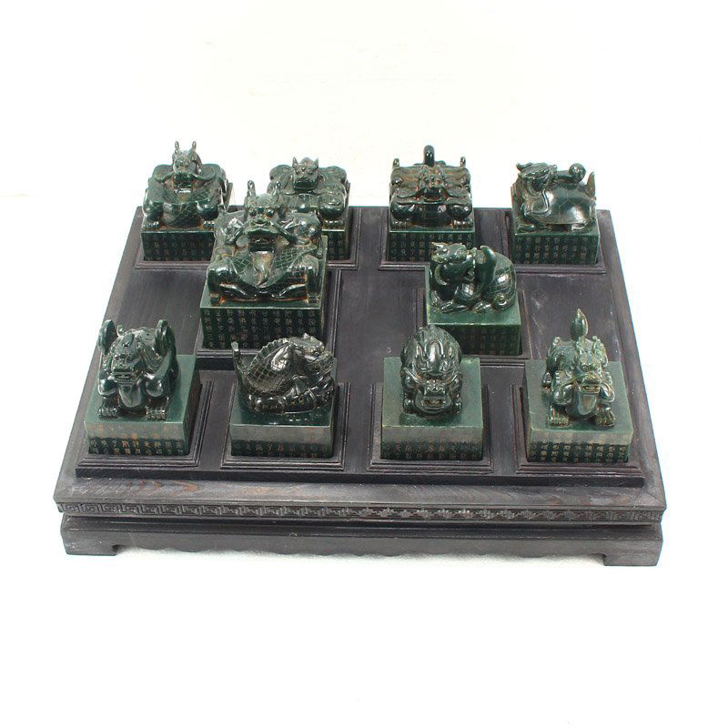 A Set Chinese Qing Dy Deep Green Hetian Jade Seal (1 of 13)