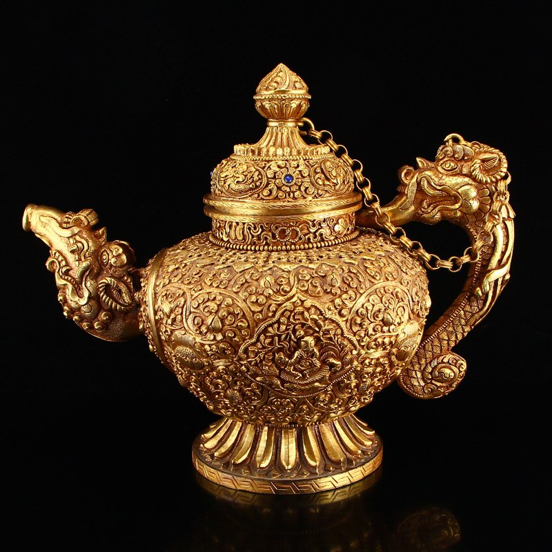 Tibetan Silver Gilt Gold Low Relief Big Teapot (1 of 14)