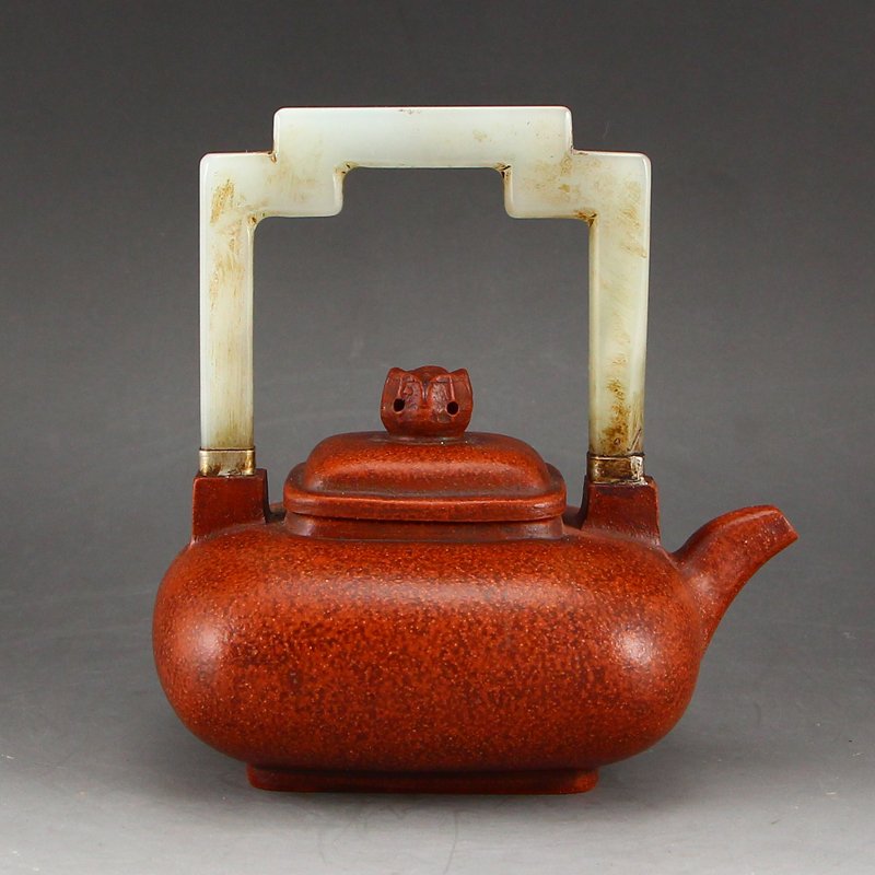Yixing Zisha Clay Inlay Natural Hetian Jade Teapot: 精美中國宜興紫砂鑲嵌天然和田玉 提梁茶壺 Vintage Chinese Yixing Zisha Clay Inlay Natura