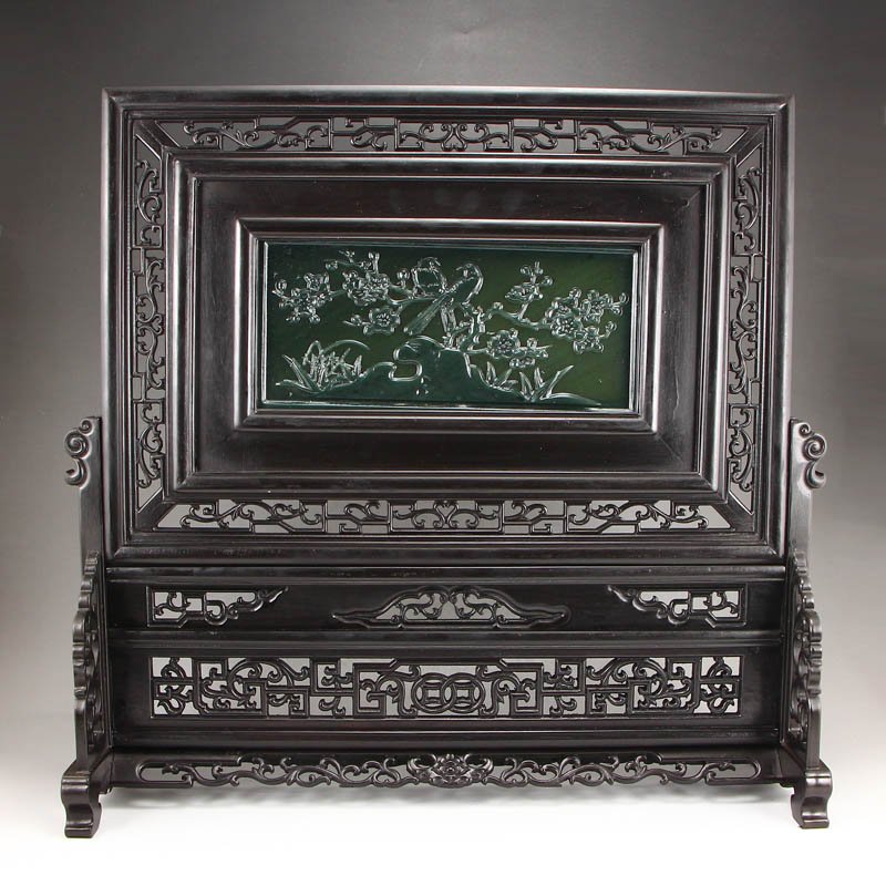 Chinese Zitan Wood Inlay Green Hetian Jade Screen (1 of 9)