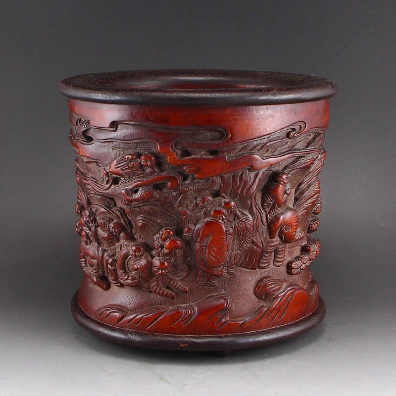 Bamboo Carved Buddhist Eighteen Arhats Brush Pot (1 of 8)