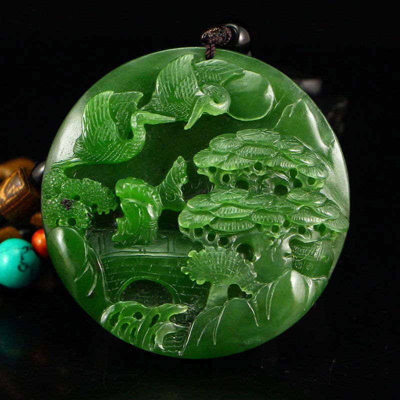 Green Hetian Jade Pendant - Pine Tree ,Crane & Old Man (1 of 6)