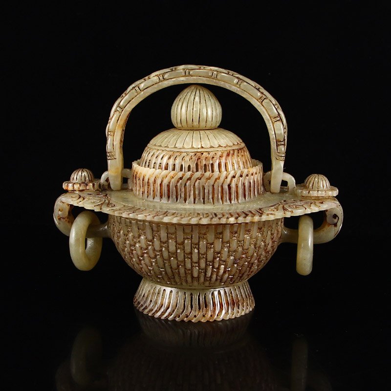 Vintage Chinese Hetian Jade Double Rings Basket Statue (1 of 6)
