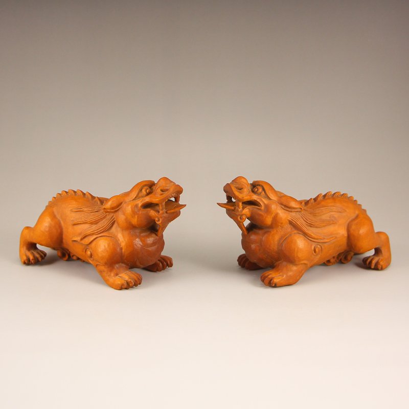 A Pair Chinese Boxwood Wood Statue - Fortune Beasts (1 of 7)