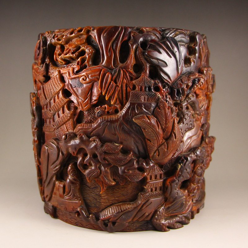 Chinese Ming Dynasty High Relief Ox Horn Brush Pot (1 of 8)