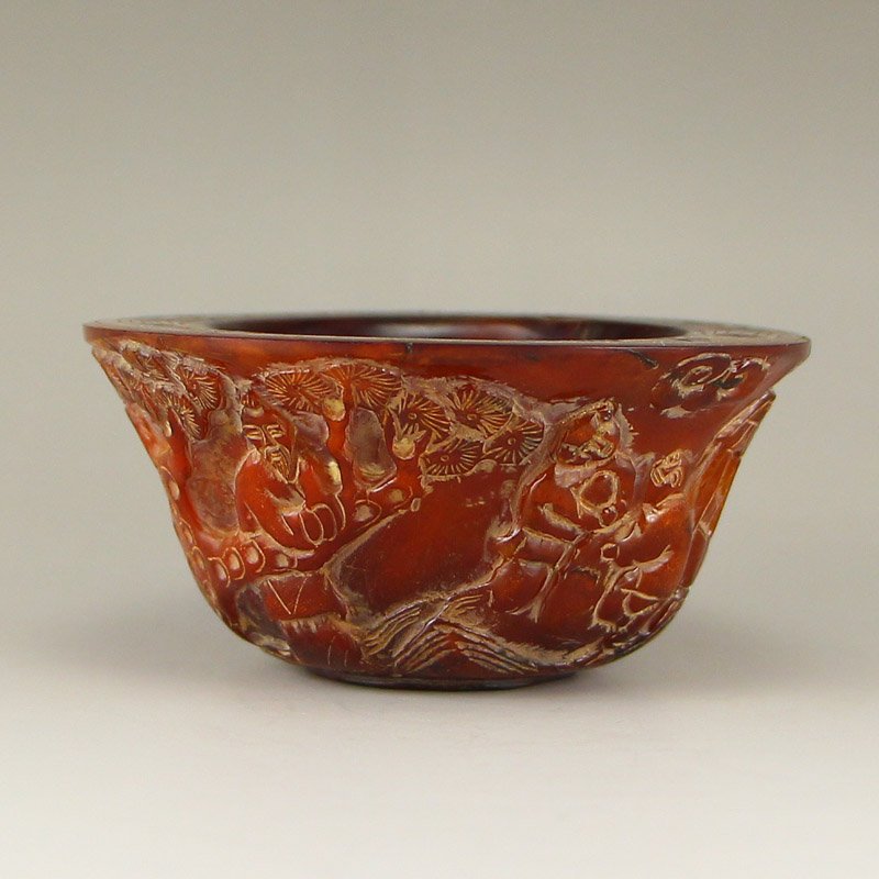 Vintage Chinese Ox Horn Bowl - Old Man & Pine Tree (1 of 8)