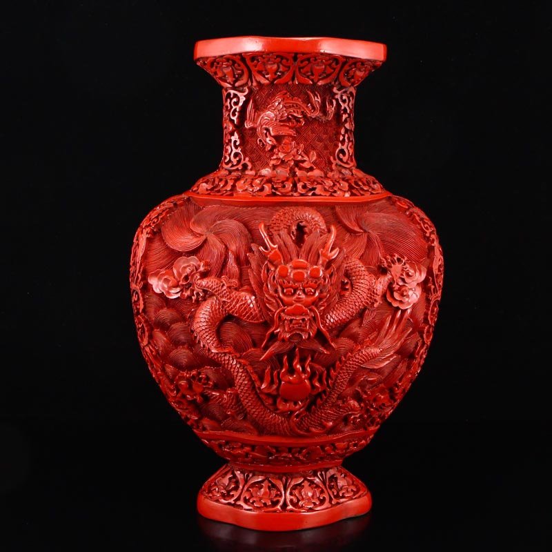 Vintage Red Lacquerware Relief Dragons & Phoenixes Vase (1 of 11)