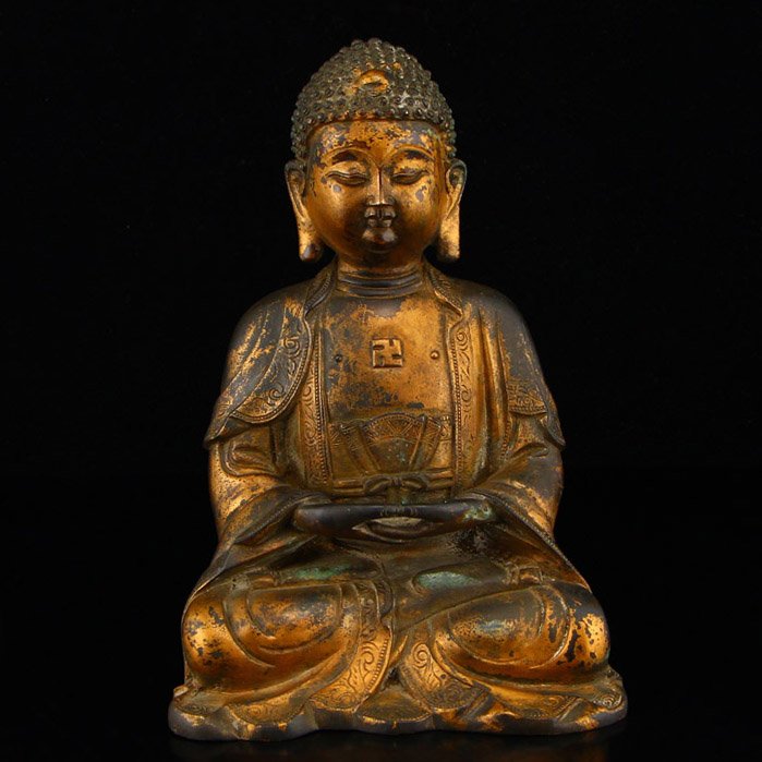 Chinese Gilt Gold Red Copper Siddhartha Buddha Statue (1 of 8)