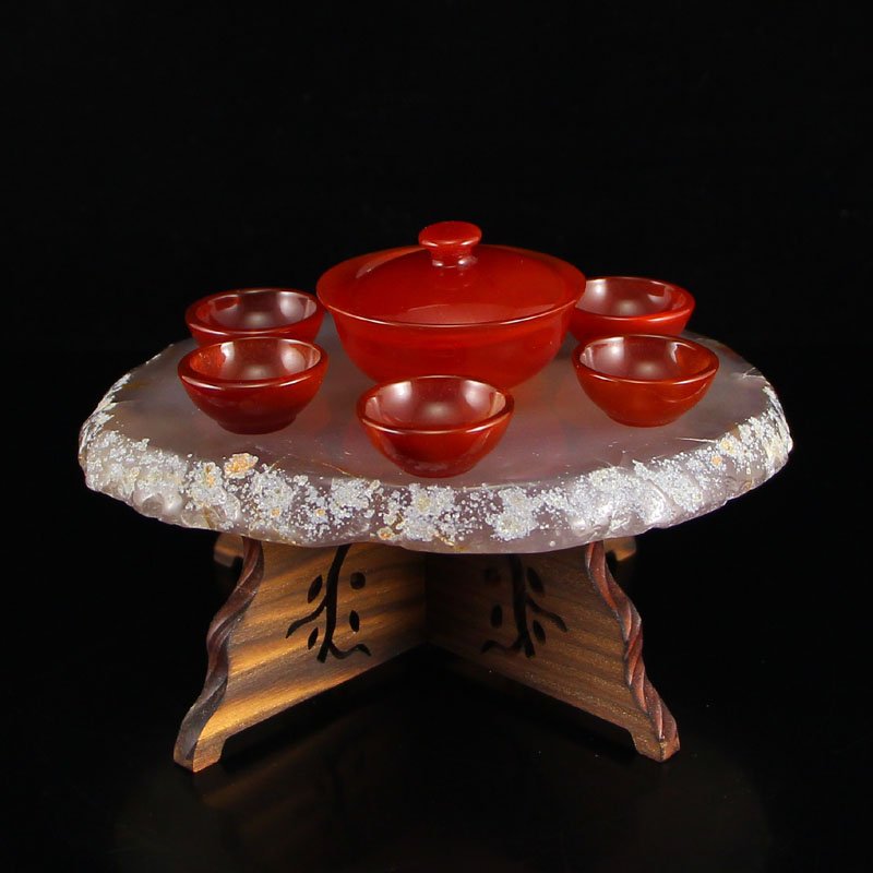 Chinese Red Agate Teabowl & Cup w Water Bile Agate Base (1 of 11)