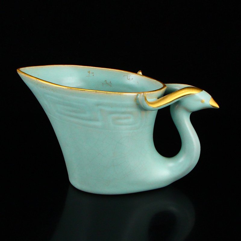 Gilt Sky Blue Glaze Ru Kiln Phoenix Head Porcelain Cup (1 of 7)