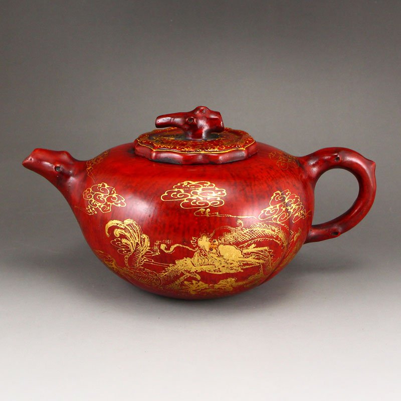 Chinese Gilt Gold Red Lacquerware & Zisha Clay Teapot (1 of 8)