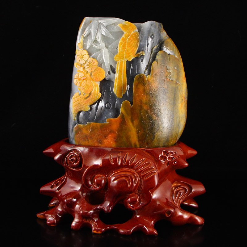 Chinese Hetian Jade Brush Pot - Magpie & Plum Flower (1 of 7)