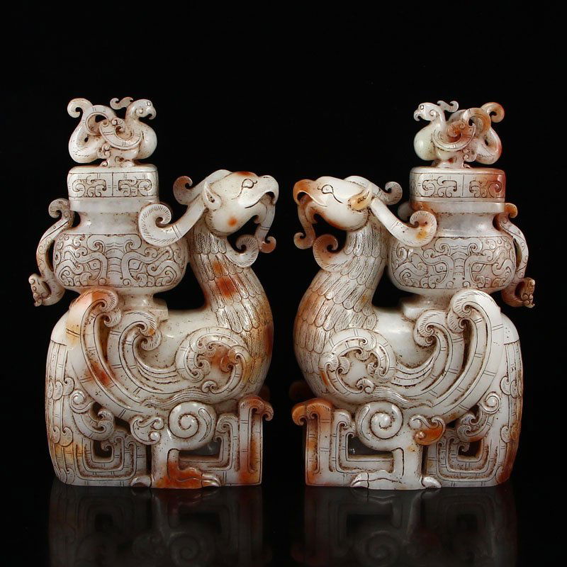A Pair Chinese Han Dy Hetian Jade Phoenix Statues (1 of 10)
