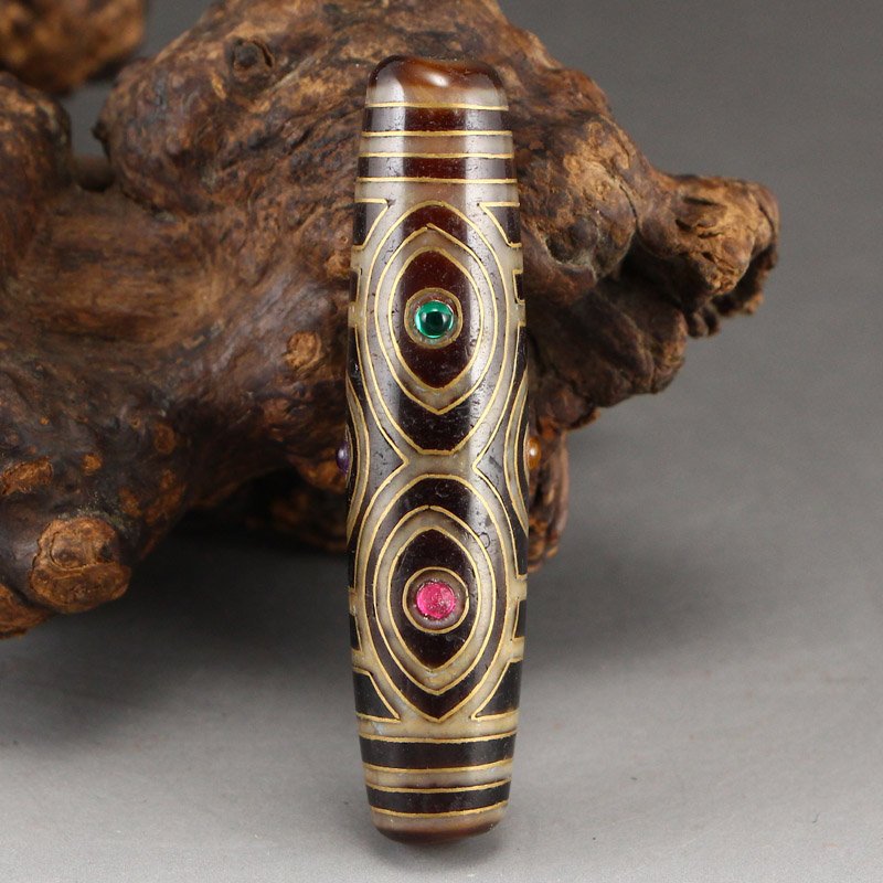 Tibetan DZI Agate Inlay Gold Wire & Gems Lucky Pendant (1 of 6)