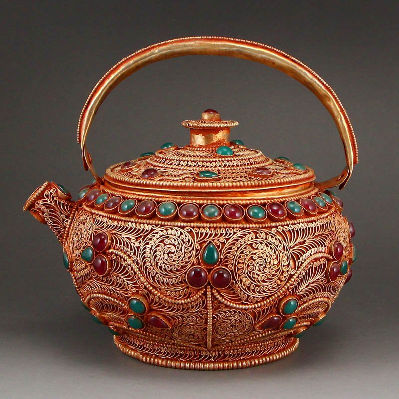 Vintage Tibetan Silver Inlay Gold Wire & Gems Teapot (1 of 11)