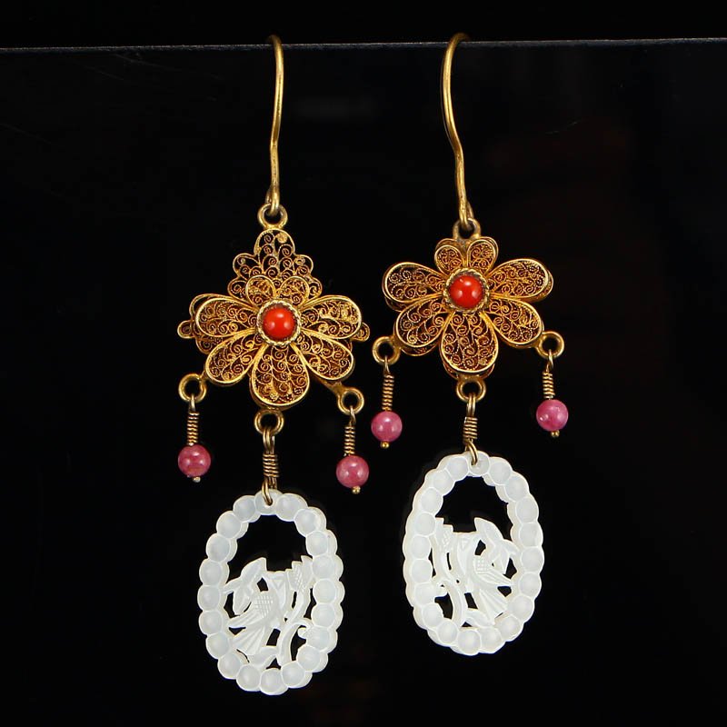 Pair Chinese Gold Wire Inlay Hetian Jade & Gem Earrings (1 of 9)
